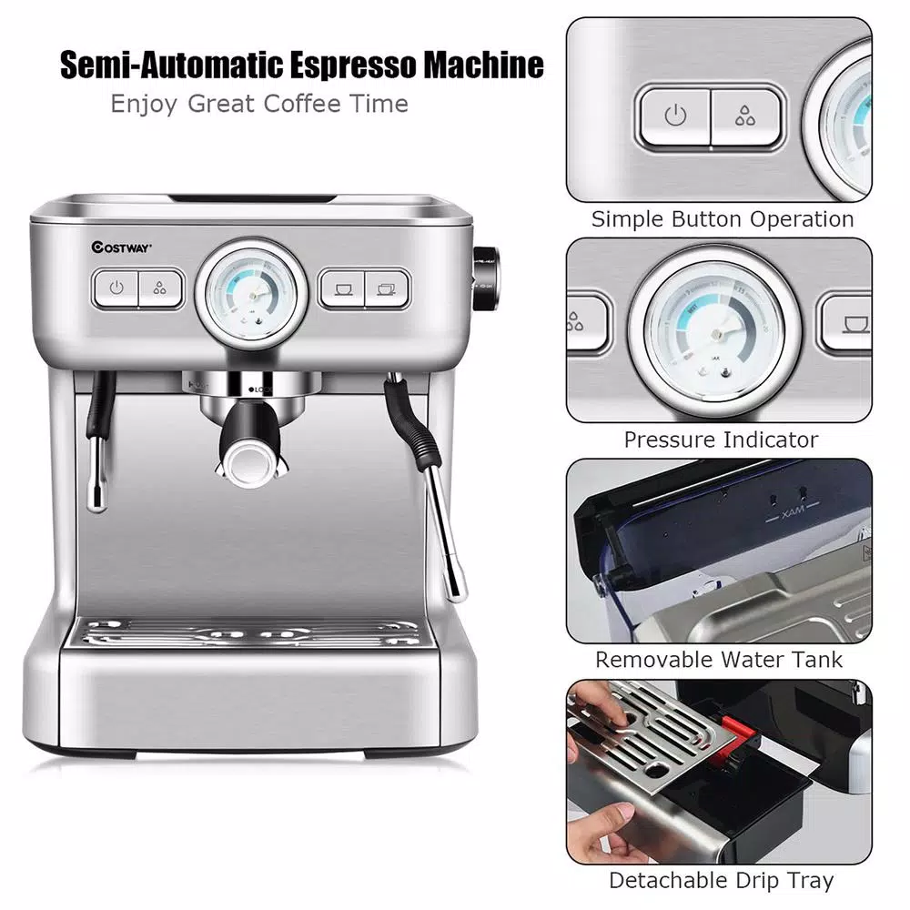 Costway Stainless Steel Semi-Auto Espresso Machine with Milk Frother Wand, 1500W Coffee Maker