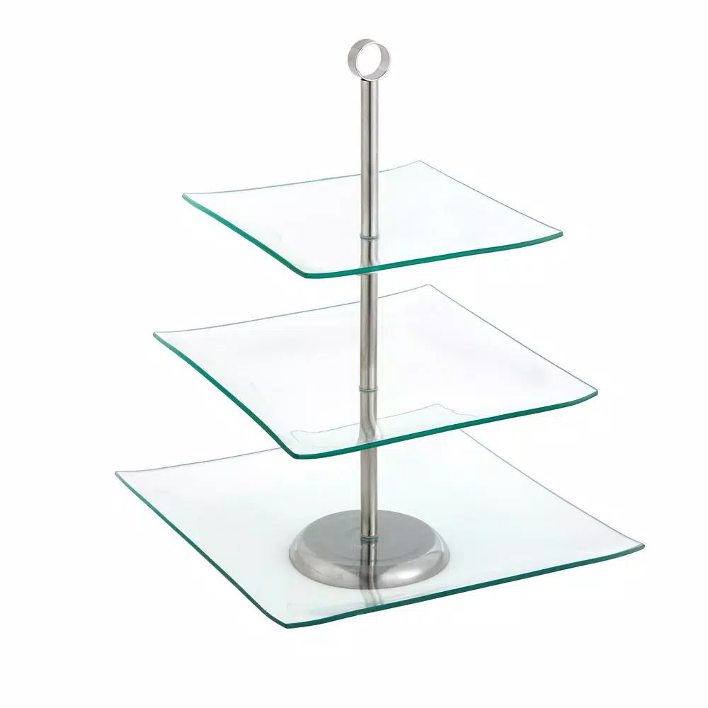 Chef Buddy 3-Tier Square Glass Cake Stand with Stainless Steel Base