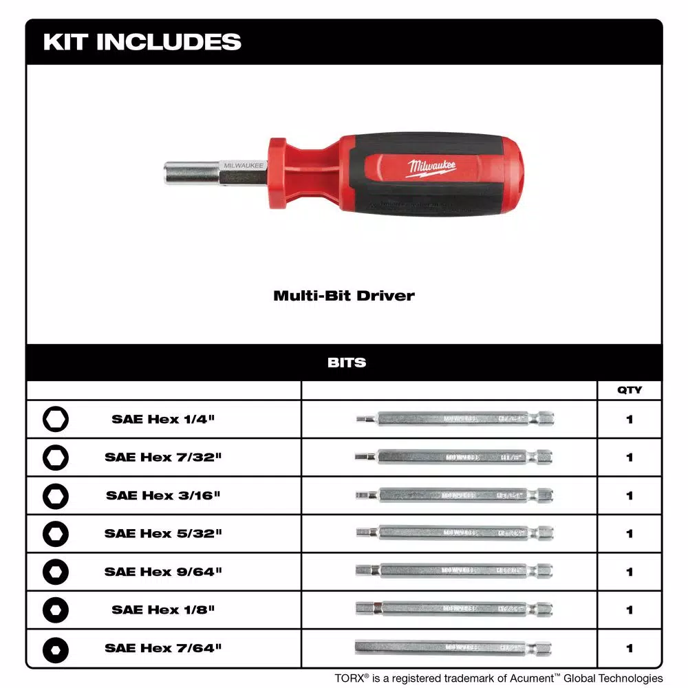 Milwaukee 9-in-1 SAE Hex/Key Drive Multi-Bit Screwdriver with Power Groove Bits