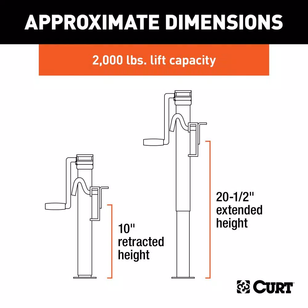 CURT Bracket-Mount Swivel Trailer Jack with Side Handle, 2,000 lbs. Capacity, 10 in. Travel