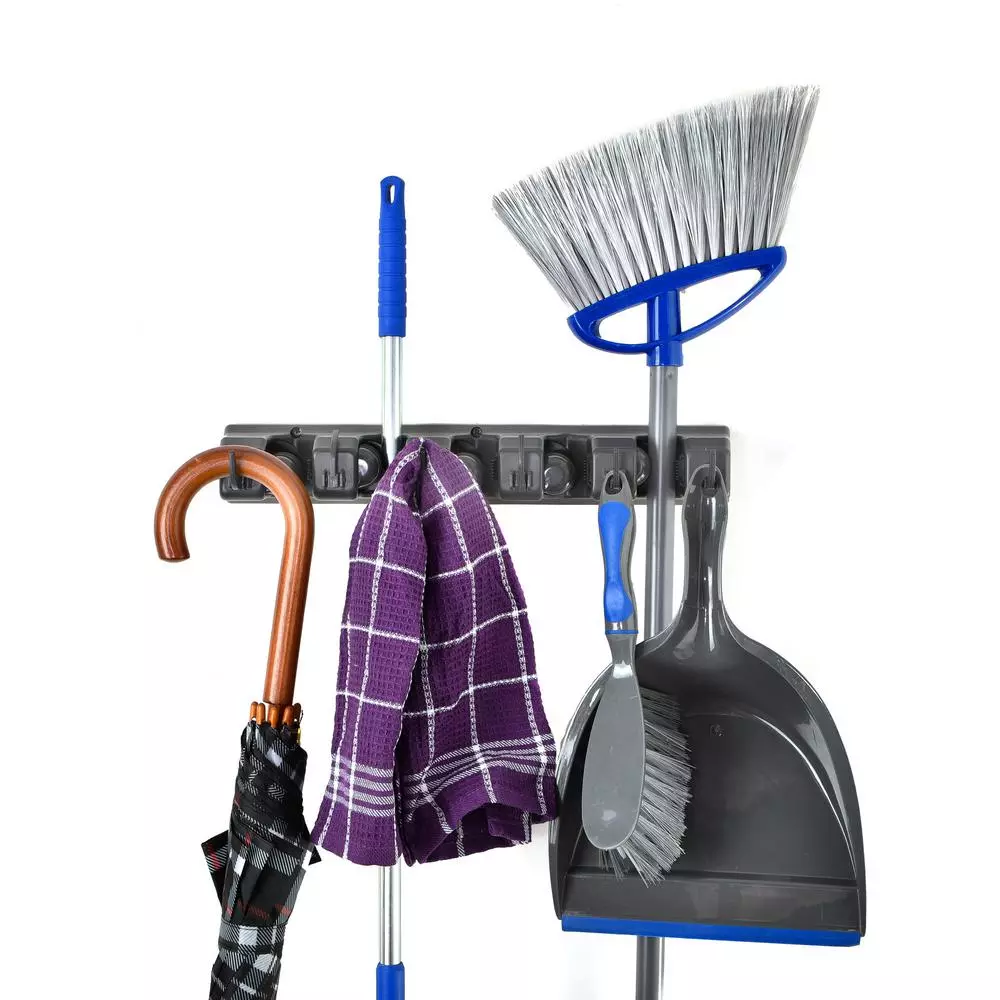 Alpine Industries 16 in. Wall Mounted Mop and Broom Holder with 5 Slots and 6 Retractable Hooks