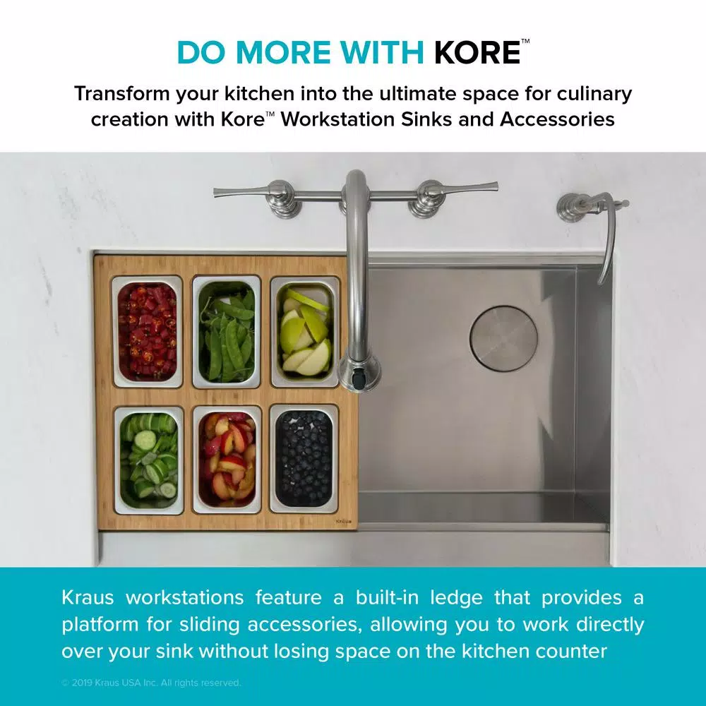 Kraus Workstation Kitchen Sink Accessory Set with Bamboo Serving Board and 6 Stainless Steel Prep Bowls