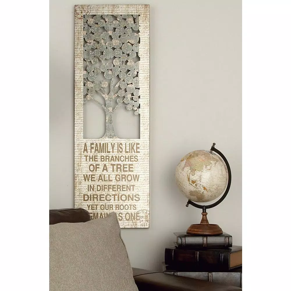 LITTON LANE 12 x 36 in. Shabby Chic Family Branches Inspirational Quote Wall Decor, Rustic Abstract Tree Art