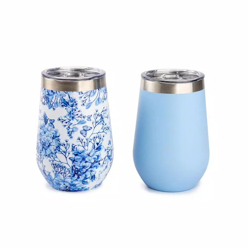 Manna Blue Hydrangena 12 oz. Stainless Steel Stemless Wine Tumblers, 2-Pack