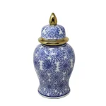 Benjara Blue and White Ceramic Temple Jar with Dahlia Flower Design and Gold Accents thumbnail 1