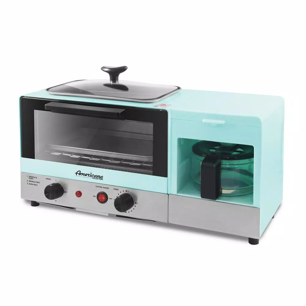 Americana 3-in-1 Breakfast Center - 2-Slice Toaster Oven, 4-Cup Coffee Maker & Griddle, Blue