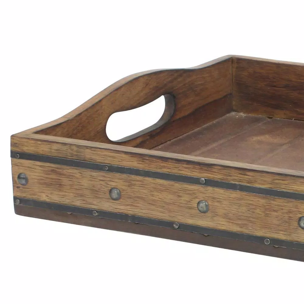 Stonebriar Collection Stonebriar Brown Wooden Rectangular Decorative Tray with Black Metal Trim and Rivets
