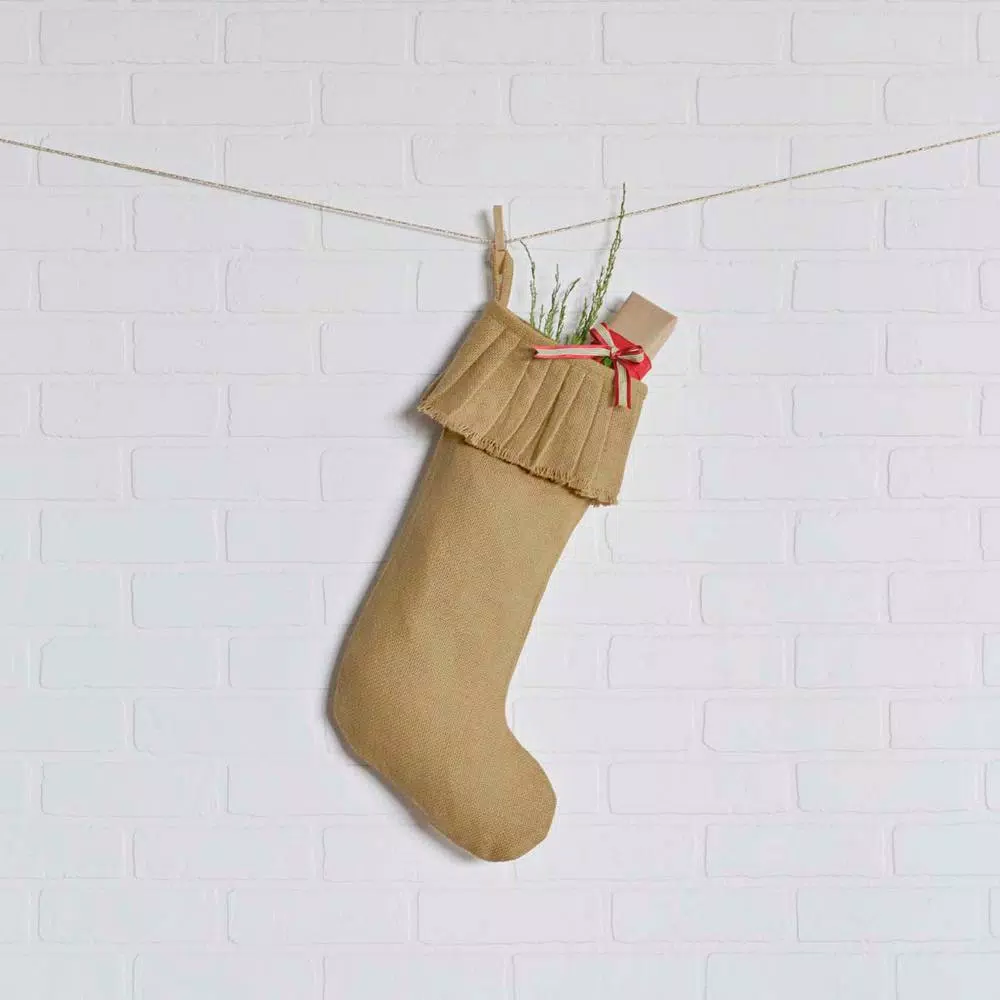 VHC Brands 20 in. Natural Cotton Burlap Ruffled Christmas Stocking - Farmhouse Style