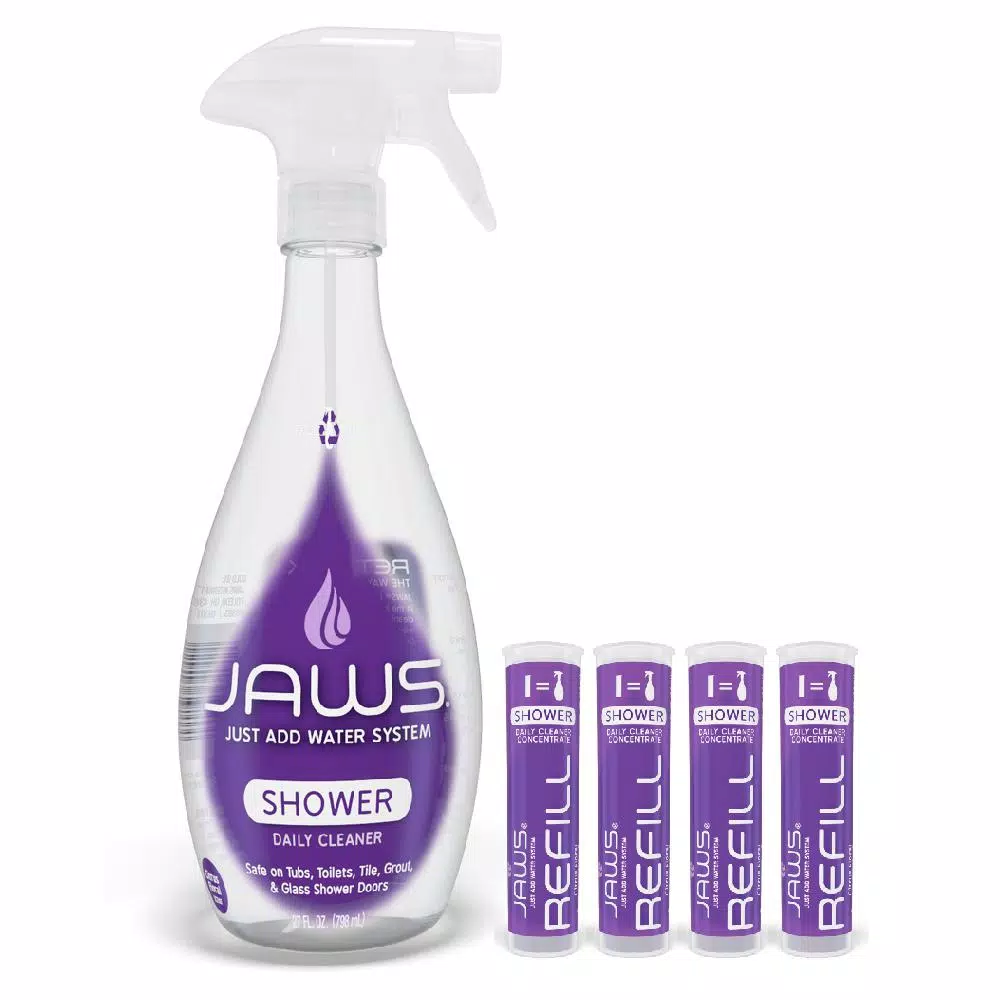 JAWS Daily Shower Cleaner - Non-Toxic Concentrated Refill Pods with Reusable Spray Bottle (4-Pack)