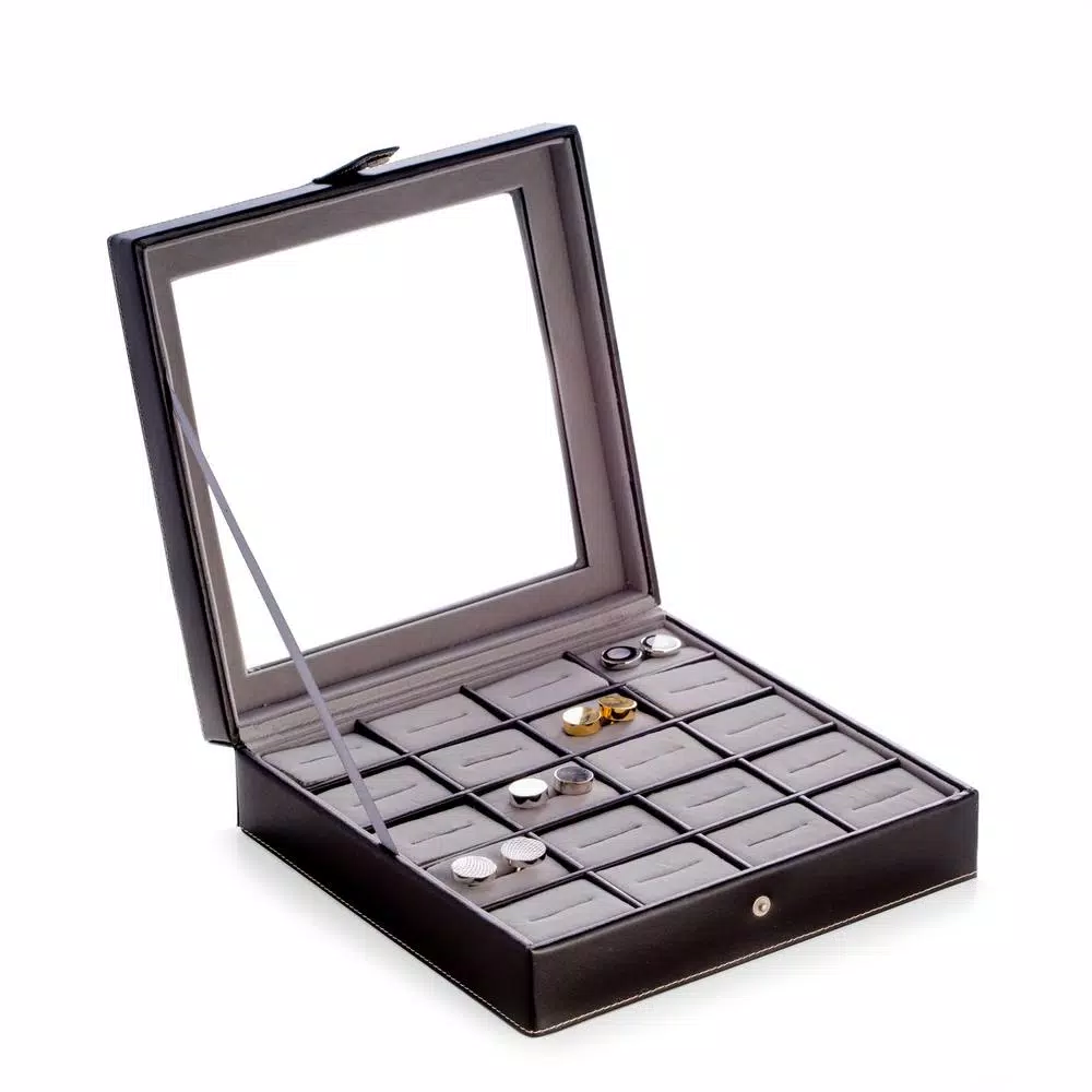 BEY-BERK Charles Glass Black Genuine Leather 20-Cufflink Storage Box with Glass Top