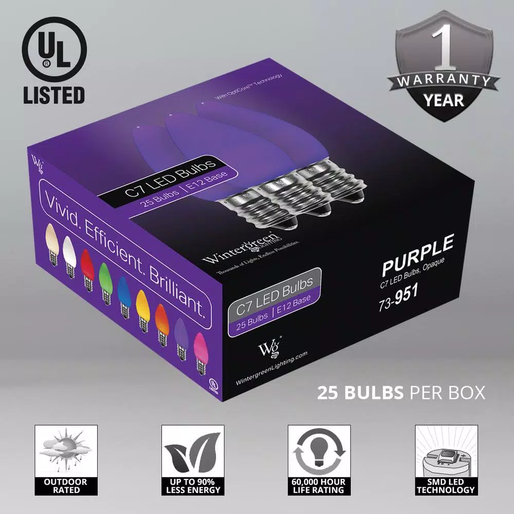 Wintergreen Lighting OptiCore C7 LED Purple Smooth Opaque Replacement Light Bulbs, E12 Candelabra Base, 25-Pack