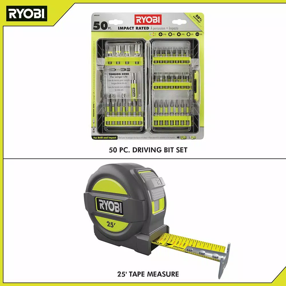 RYOBI 50-Piece Impact Rated Driving Bit Set with Bonus 25 ft. Tape Measure