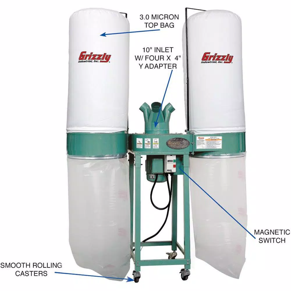 Grizzly Industrial 4 HP Dust Collector with 3552 CFM Suction and 14.5 in. Radial Fin Impeller