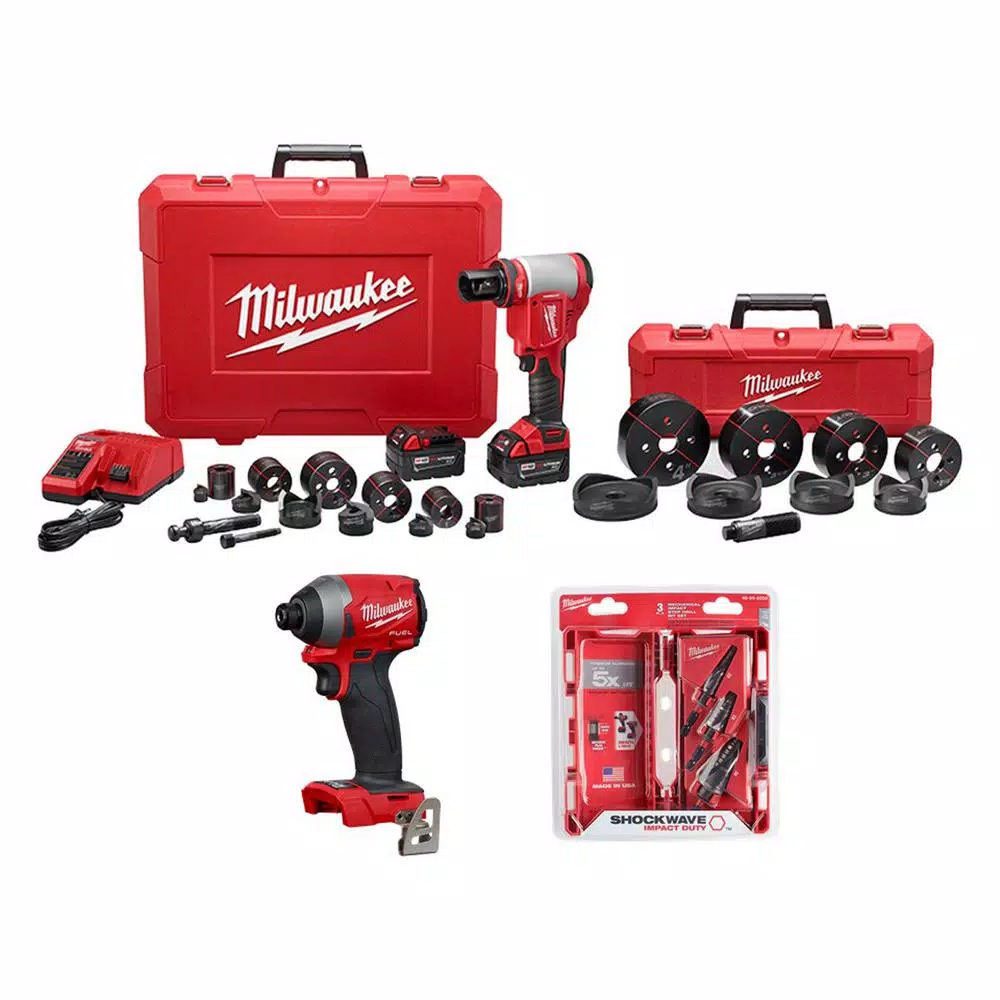 Milwaukee M18 FORCE LOGIC 10 Ton Knockout Tool Kit with Bonus Impact Driver and Step Bits