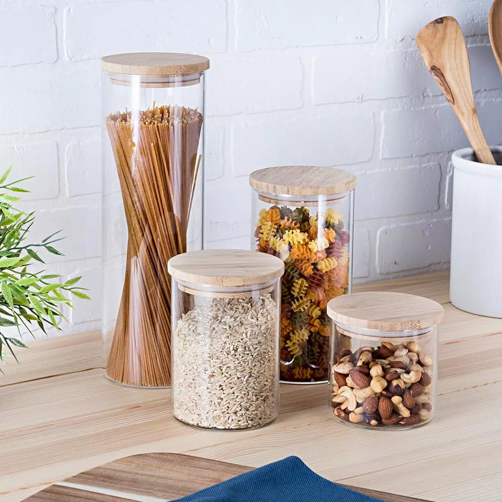 Honey-Can-Do 4-Piece Borosilicate Glass Storage Jar Set with Airtight Bamboo Lids