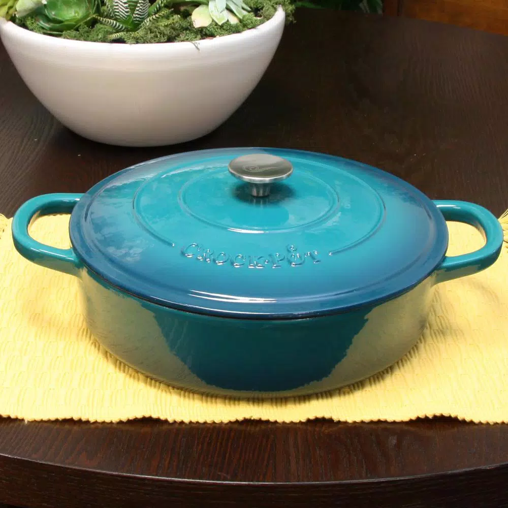 Crock-Pot Artisan 5 Qt. Enameled Cast Iron Braiser Pan with Self-Basting Lid, Teal