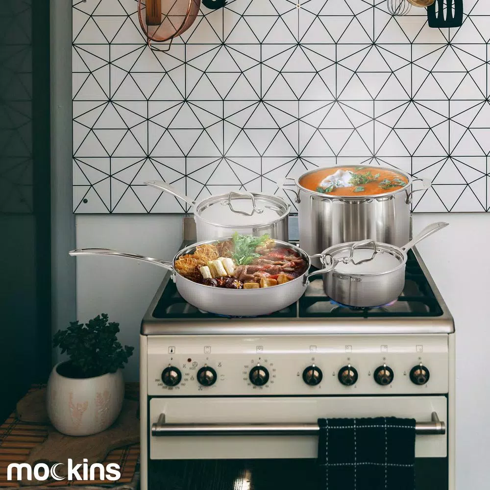Mockins 10-Piece Tri-Ply Stainless Steel Cookware Set with Lids and Utensils