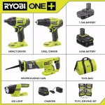 RYOBI 18V ONE+ Cordless 4-Tool Combo Kit with 70-Piece Bonus Impact Rated Driving Kit thumbnail 2
