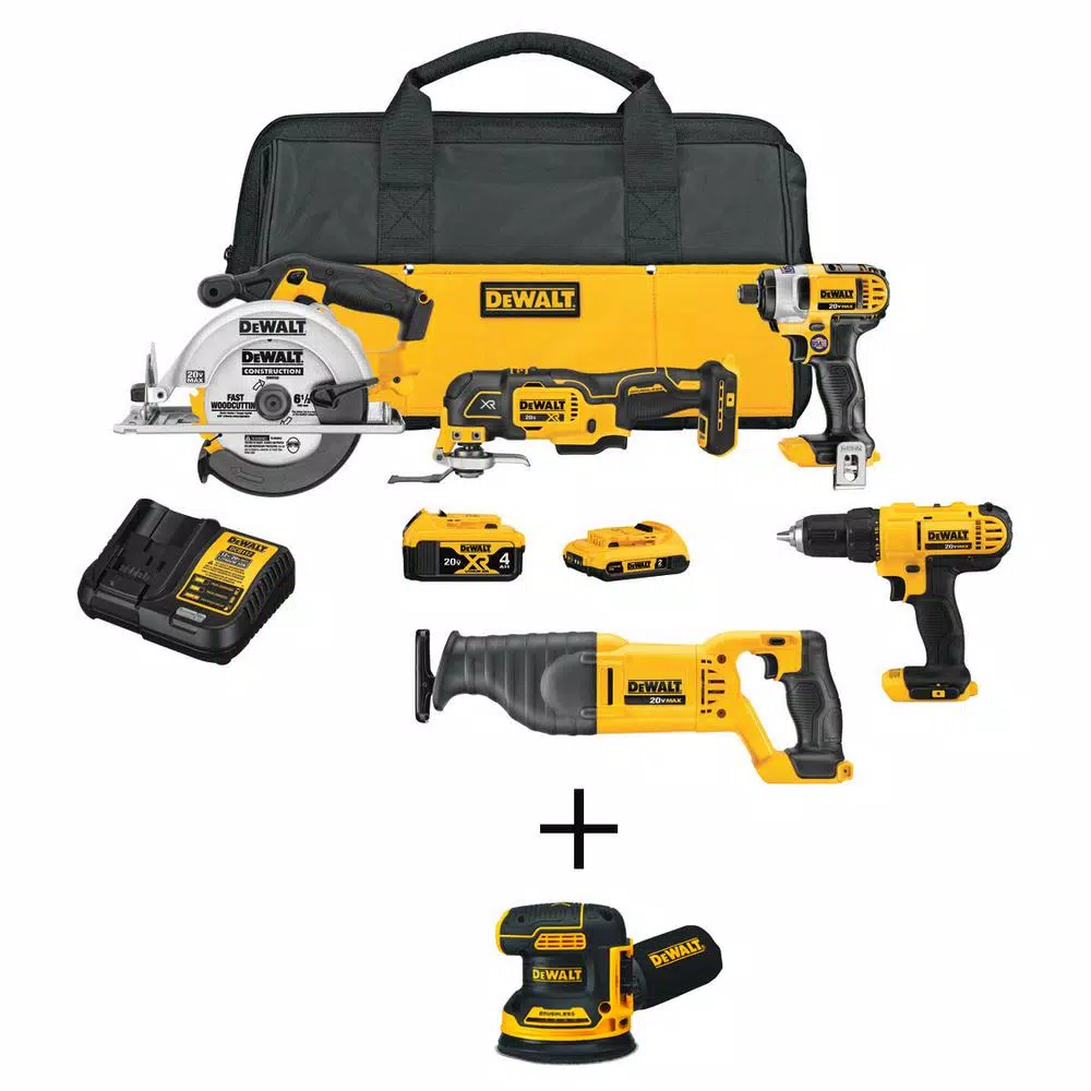 DEWALT 20V MAX Cordless 5-Tool Combo Kit with 4.0Ah & 2.0Ah Batteries, Charger, Sander, and Tool Bag
