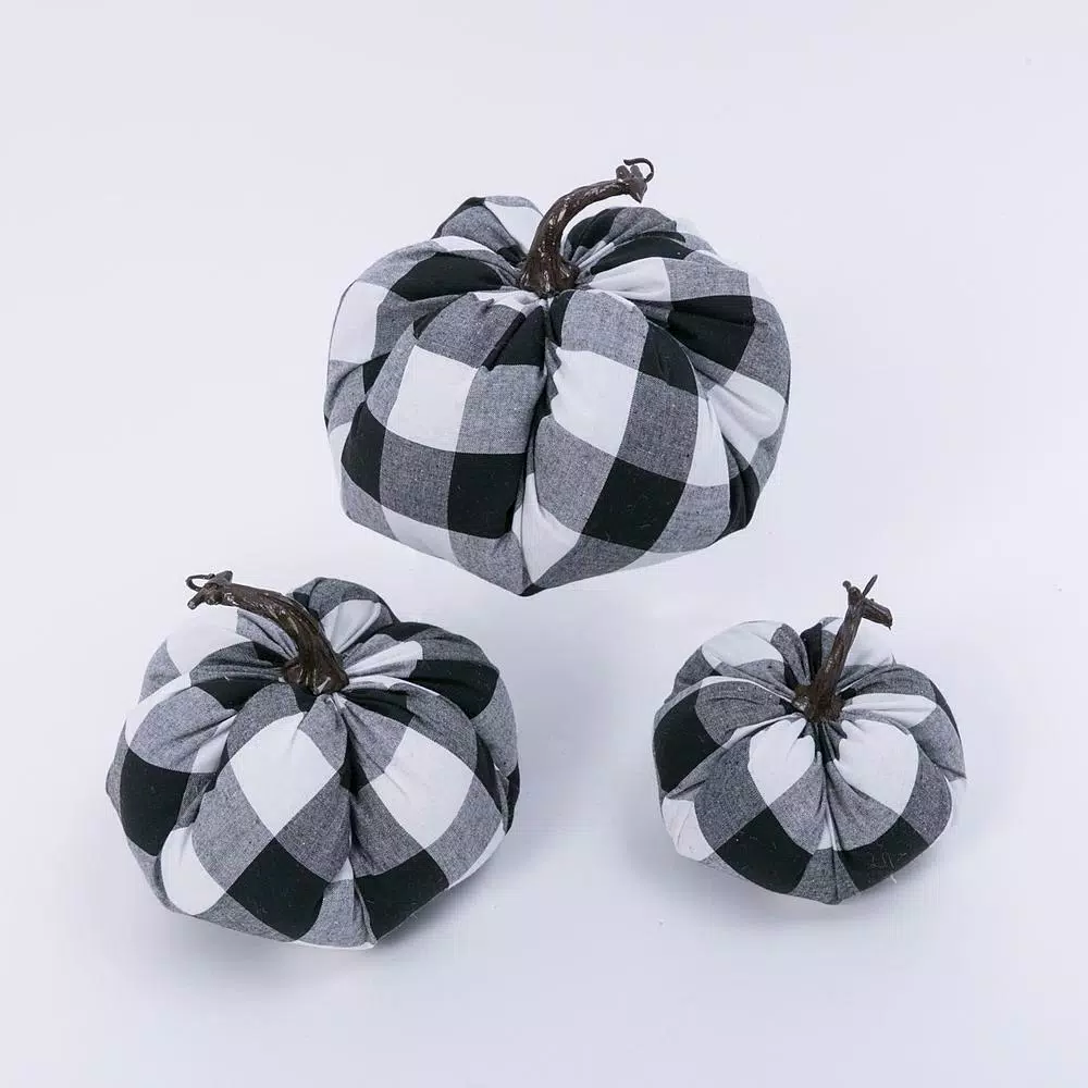 Gerson Black and White Buffalo Plaid Fabric Pumpkin Set of 3 - 6 in. Farmhouse Harvest Decor