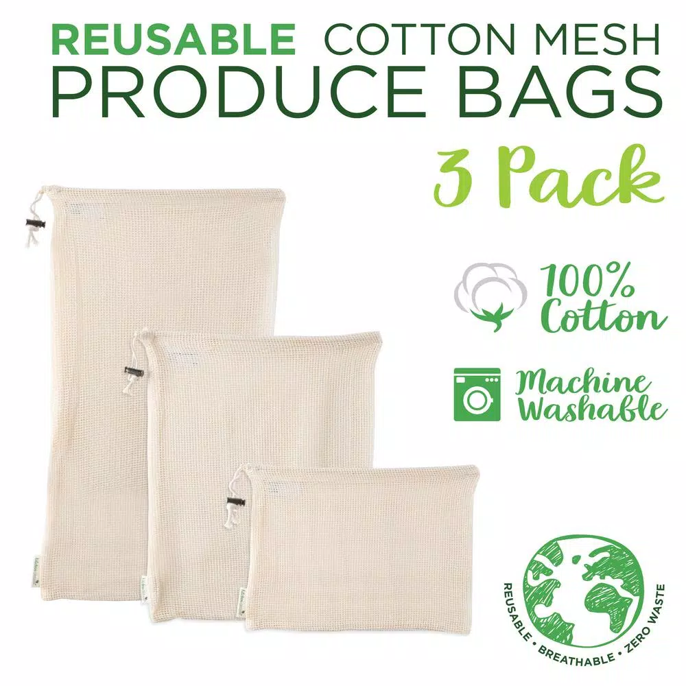 Kitchen Details Natural Cotton Eco Reusable Mesh Produce Bags, 3-Pack