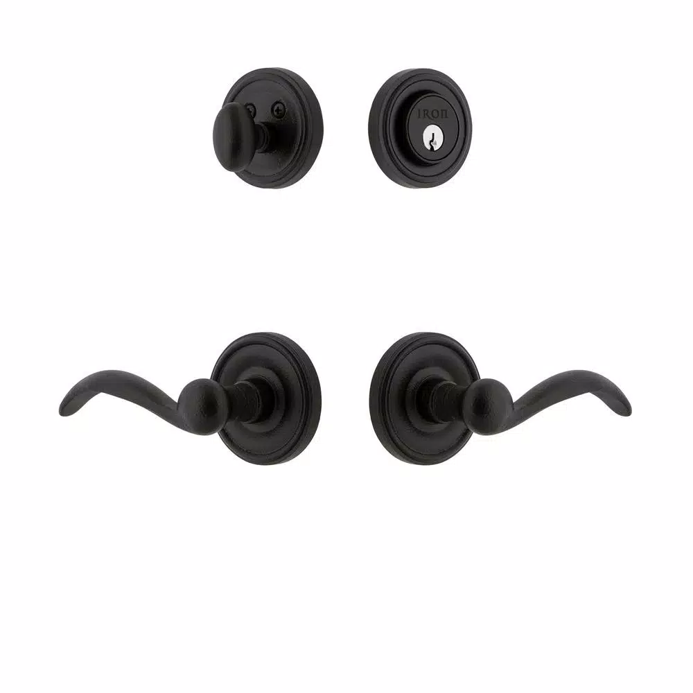 Unbranded Ageless Iron Loch Rosette Black Iron Door Handleset with Tine Lever and Deadbolt