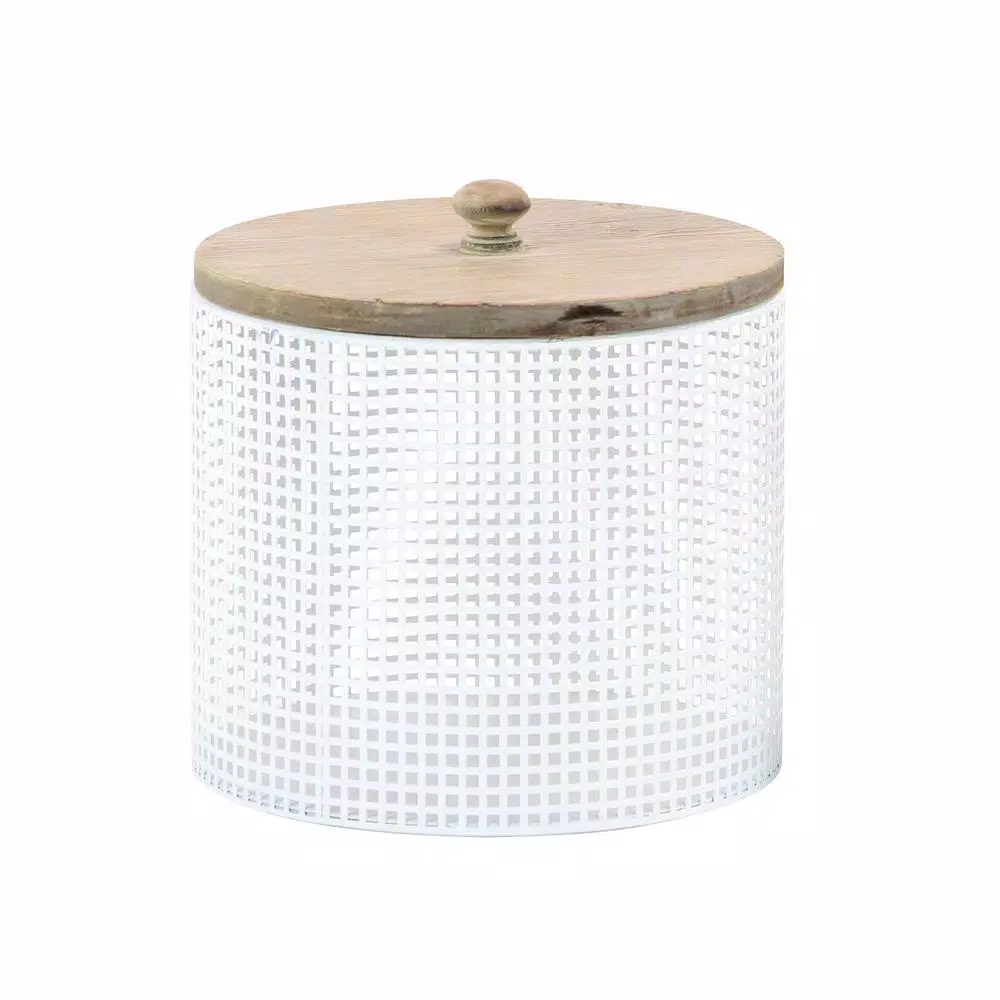 LITTON LANE White Iron Mesh Round Canisters with Wooden Lids, Set of 2