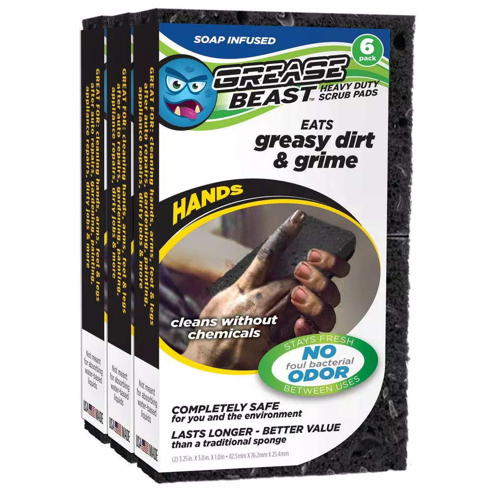Grease Beast Hands Soap-Infused Heavy-Duty Odor and Bacteria Resistant Scrub Sponge, 6-Pack