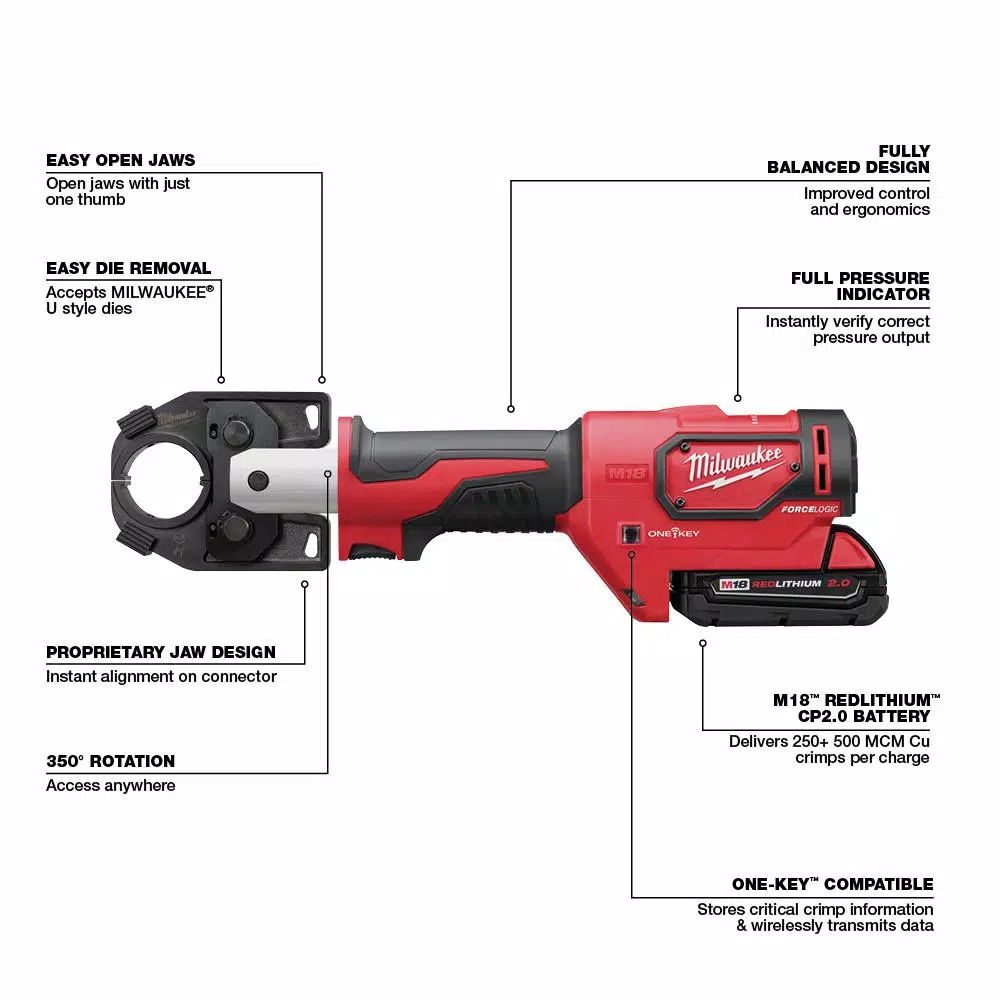 Milwaukee M18 FORCE LOGIC 600 MCM Cordless Aluminum Crimper Kit with 750 MCM Expanded Jaw