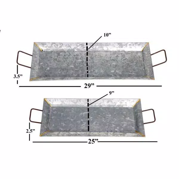 Benzara Silver Galvanized Metal Decorative Trays, Set of 2, Rectangular with Fluted Edges