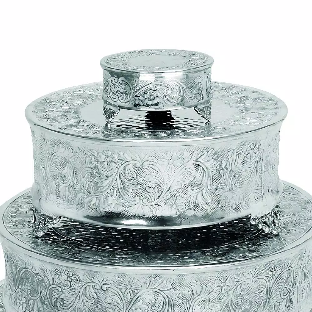 Benzara Silver Aluminum Cake Stand Set of 4 - Assorted Sizes with Intricate Carved Embossed Pattern