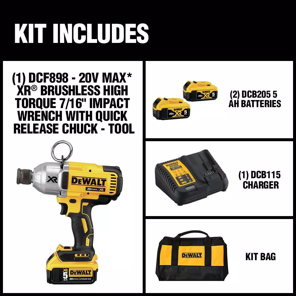 DEWALT 20V MAX XR Brushless High Torque Impact Wrench with 7/16 in. Quick Release Chuck, (2) 5.0 Ah Batteries & Charger