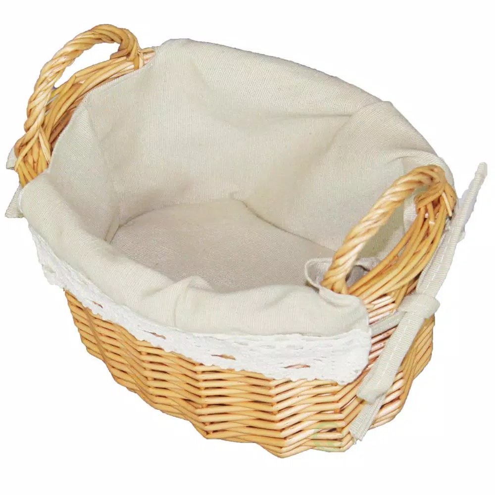 Vintiquewise Natural Wicker Oval Small Basket with White Lace Trim and Removable Linen Liner