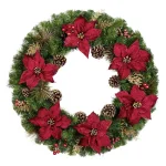 Home Accents Holiday 36 in. Burgundy Poinsettia and Mixed Pine Wreath with Berries, Gold Glitter Cedar and Pinecones thumbnail 1