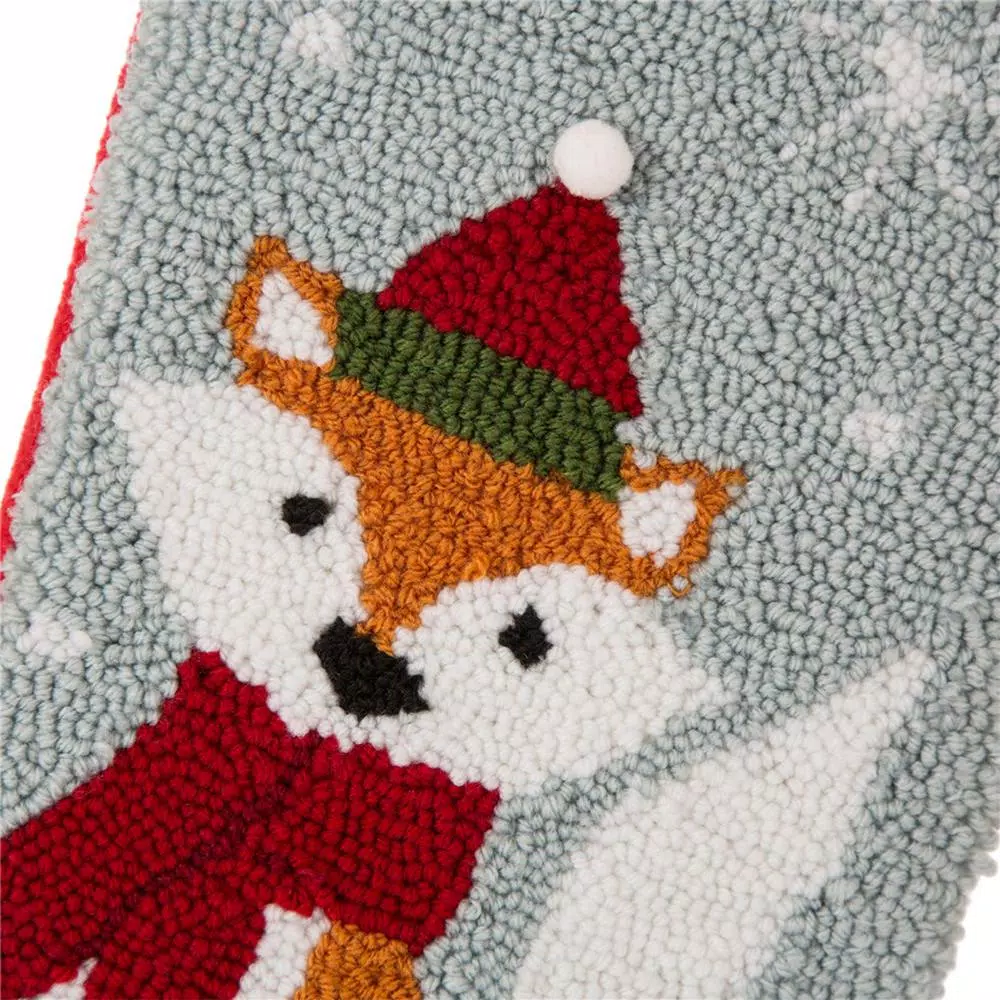 Glitzhome 19 in. Fox Hooked Christmas Stocking with Red Scarf and Santa Hat