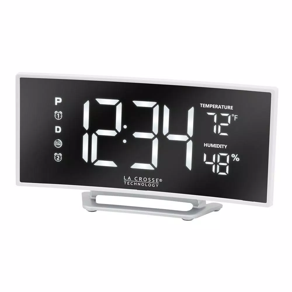 La Crosse Technology Curved Mirror LED Digital Alarm Clock with Temperature, Humidity, and USB Charging Port