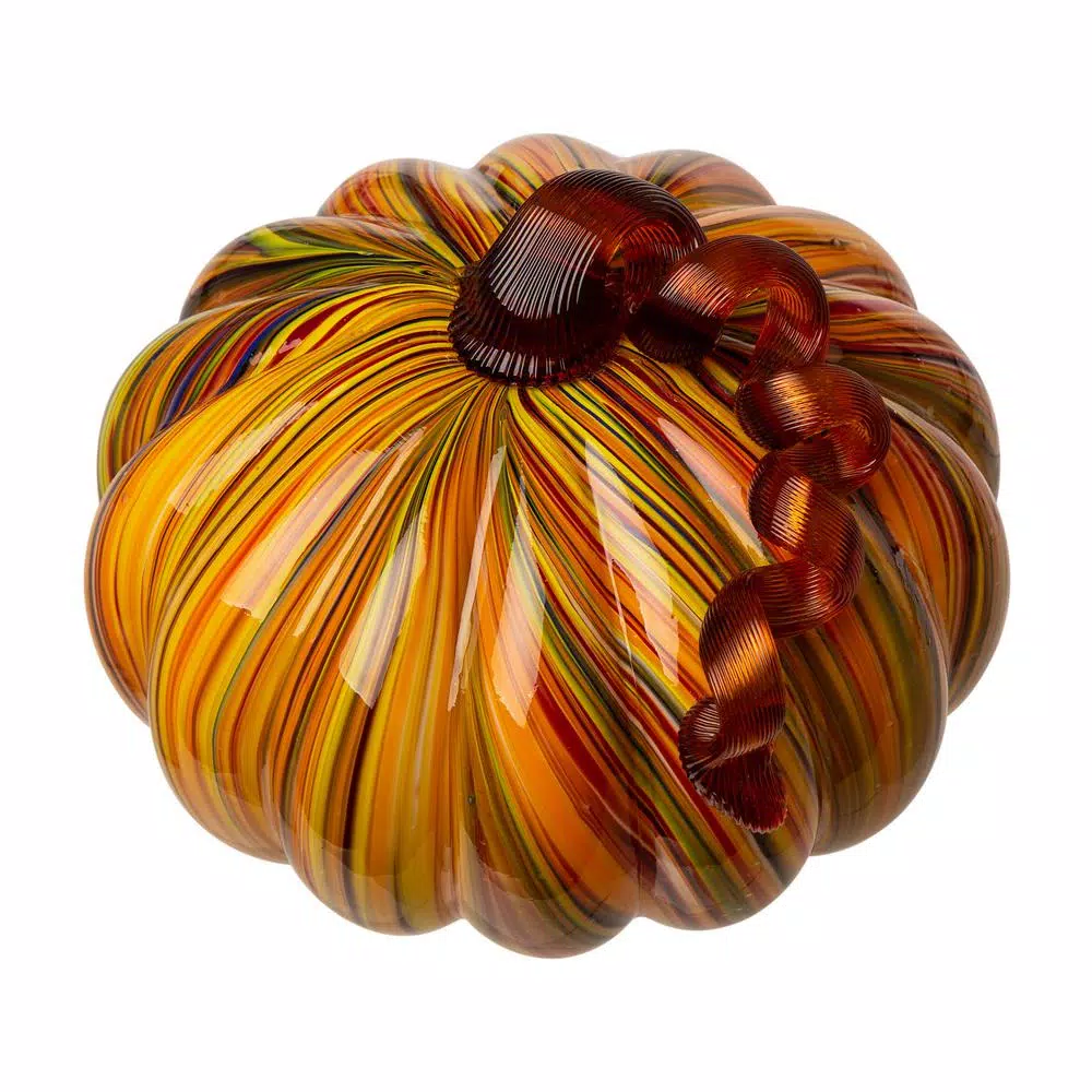 Glitzhome Multi-Striped Glass Short Pumpkin Set - 100% Handmade Glass Tabletop Decoration