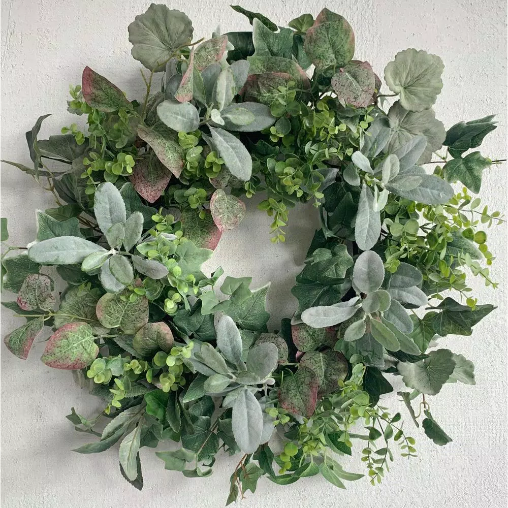Glitzhome 26 in. Artificial Greenery Wreath with Lambs Ear, Eucalyptus, and Ivy Foliage