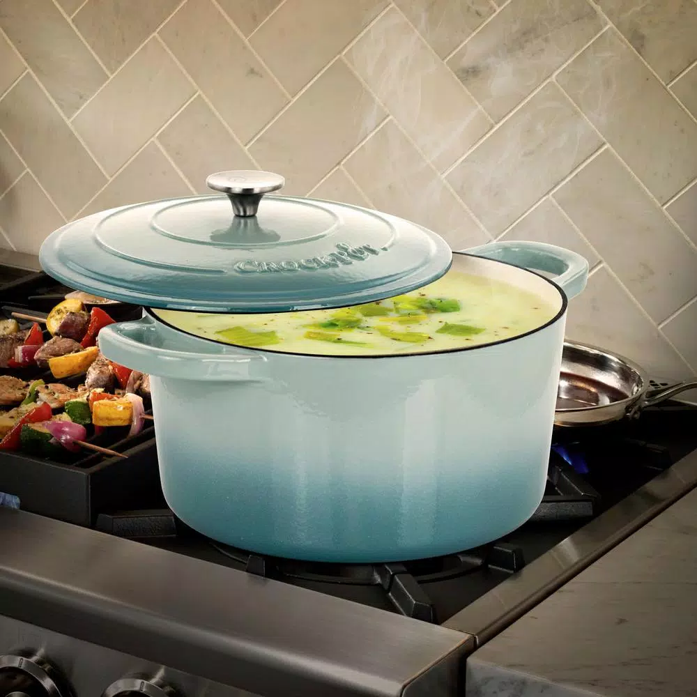 Crock-Pot Artisan 7 Qt. Enameled Cast Iron Round Dutch Oven with Lid, Aqua Blue
