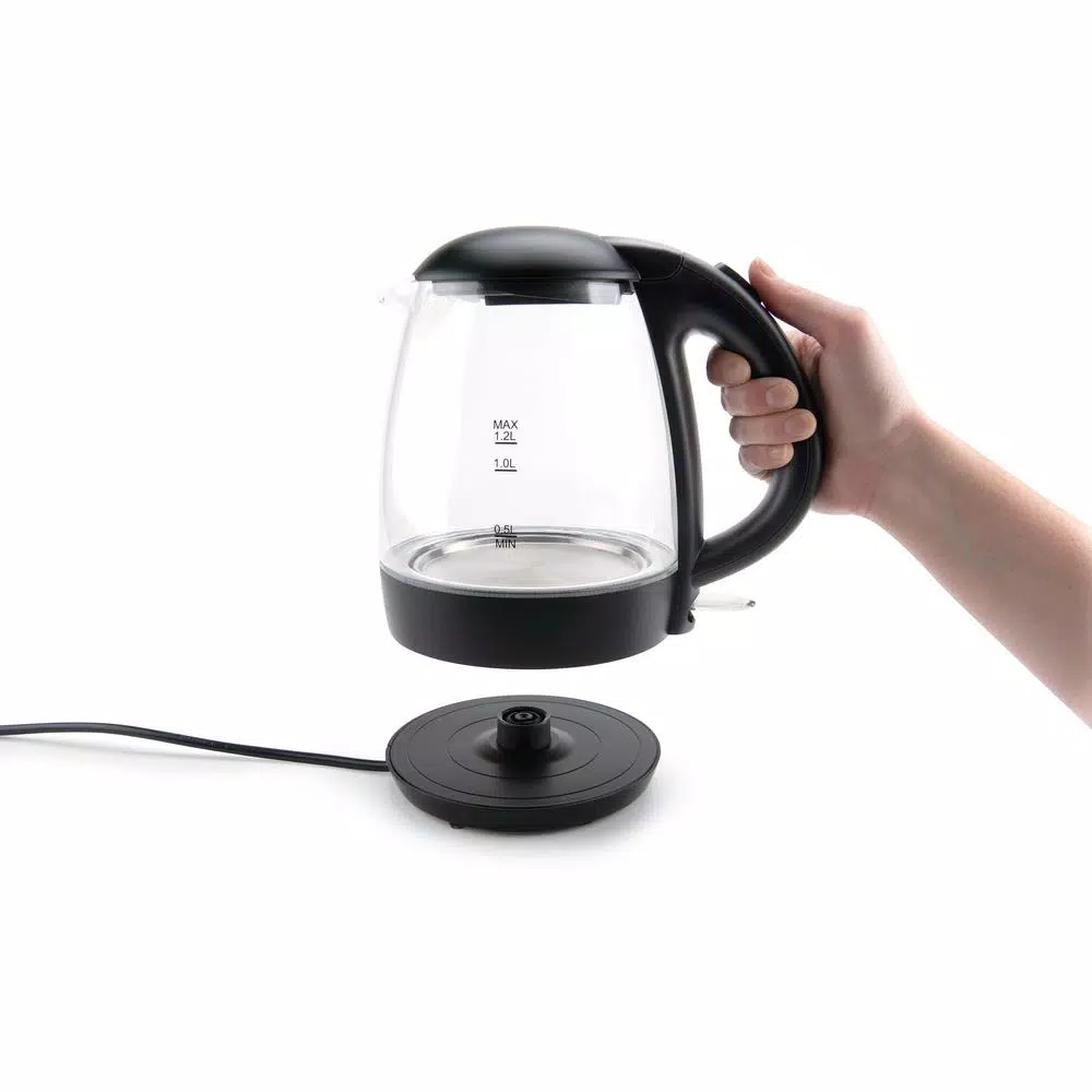 AROMA 5-Cup Black Glass Electric Kettle, 1.2L Cordless Pouring with Automatic Shut-Off