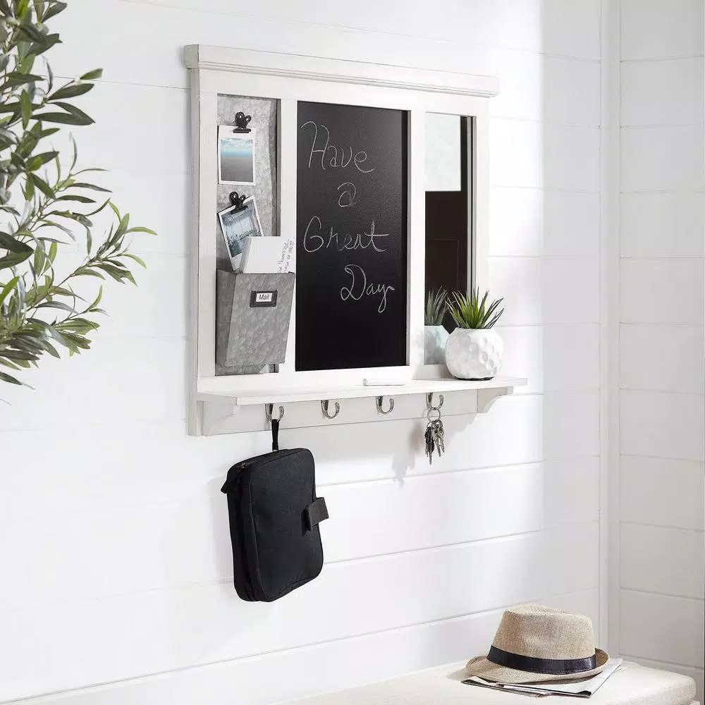 Home Decorators Collection White Wood Multi-Function Wall Organizer with Chalkboard and Hooks