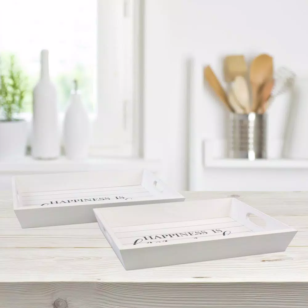 Stonebriar Collection Stonebriar Rustic Worn White Wooden Serving Tray Set of 2 - Happiness is Homemade
