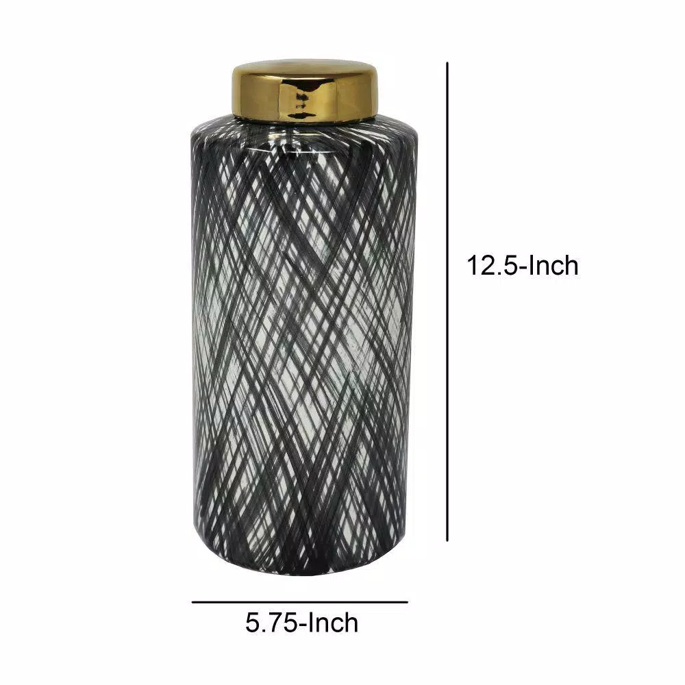 Benjara Large Black and White Ceramic Ginger Jar with Criss Cross Pattern and Gold Lid