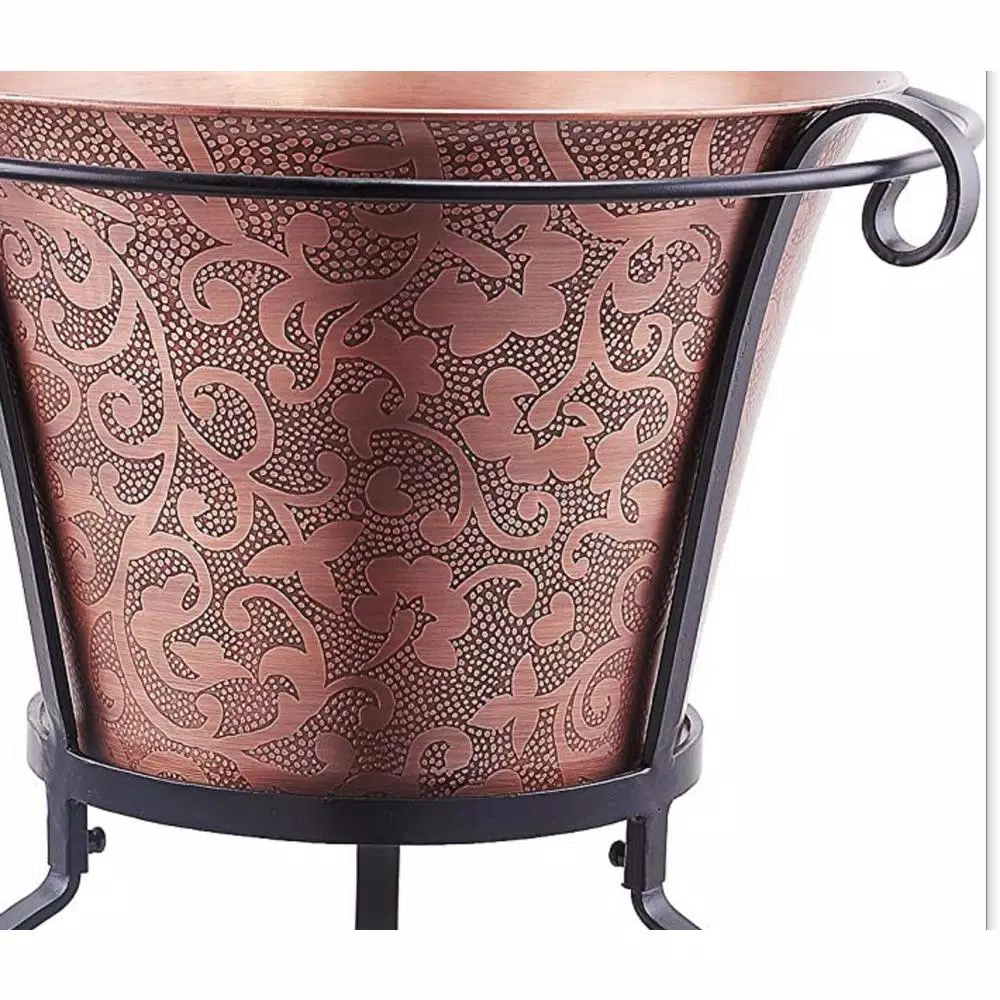 Old Dutch Solid Copper Etched Floral Beverage Tub with Black Powder Coated Stainless Steel Stand, 20 qt