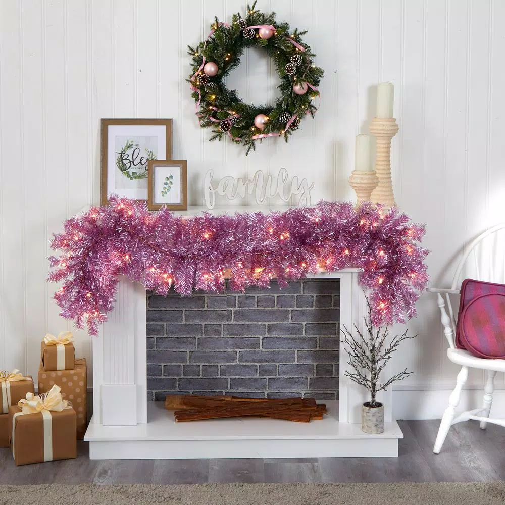 Nearly Natural 6 ft. Pre-Lit Pink Flocked Artificial Christmas Pine Garland with 50 Warm White LED Lights