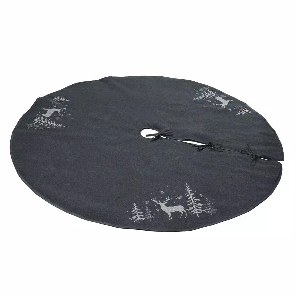 Xia Home Fashions 56 in. Deer in Snowing Forest Round Christmas Tree Skirt - Dark Gray