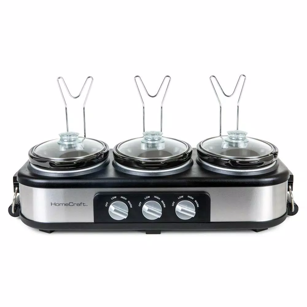 HomeCraft 3-Station Stainless Steel Slow Cooker Buffet with 3 Removable 1.5 qt. Ceramic Pots