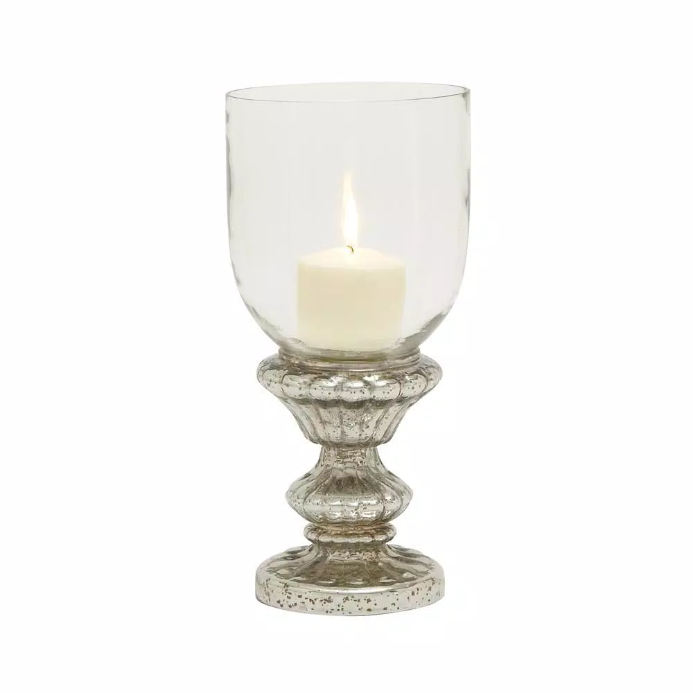 LITTON LANE 14" Tarnished Silver Glass Hurricane Candle Holder - Classic Fluted Pedestal