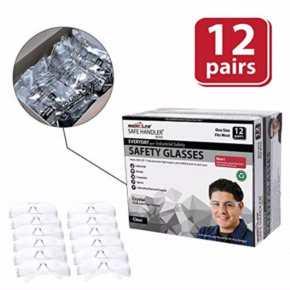 Bison Life Clear Lens Safety Glasses, Polycarbonate Scratch-Resistant Eyewear (Pack of 12)