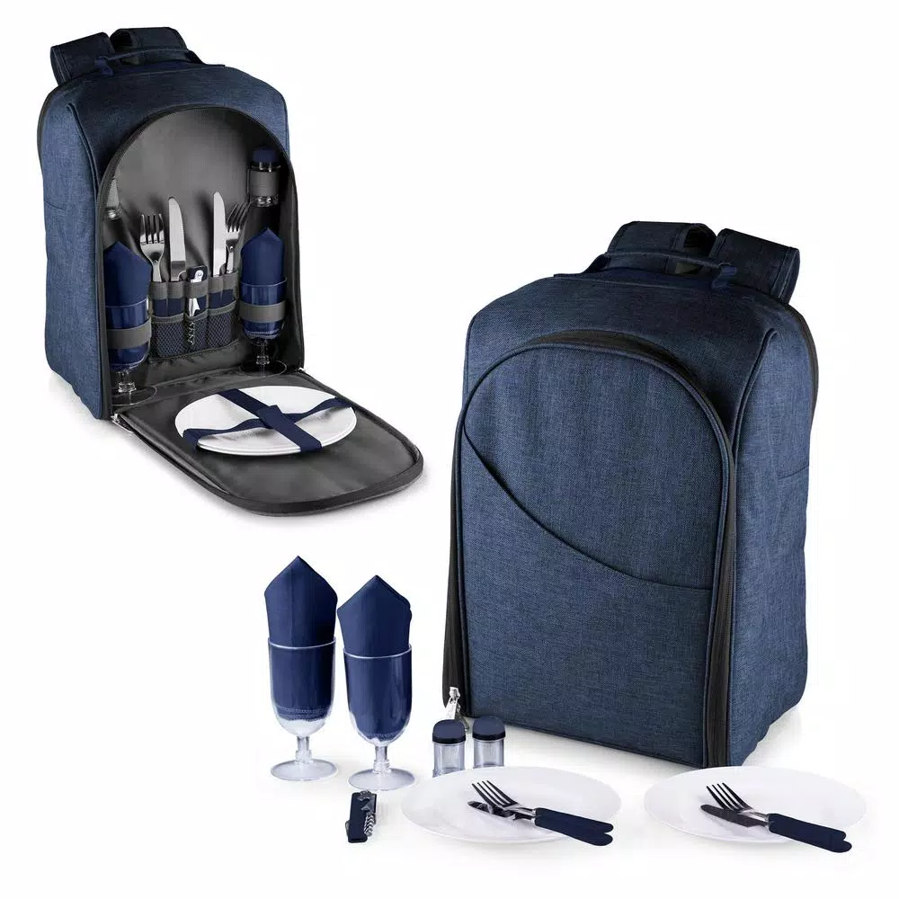 Picnic Time Colorado Navy Wood Picnic Cooler Backpack, Insulated Soft-Side Cooler for Two